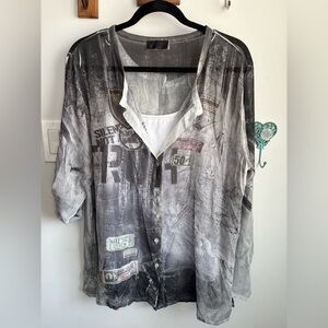 Bella Amore Sheer Graphic Button-Up Shirt